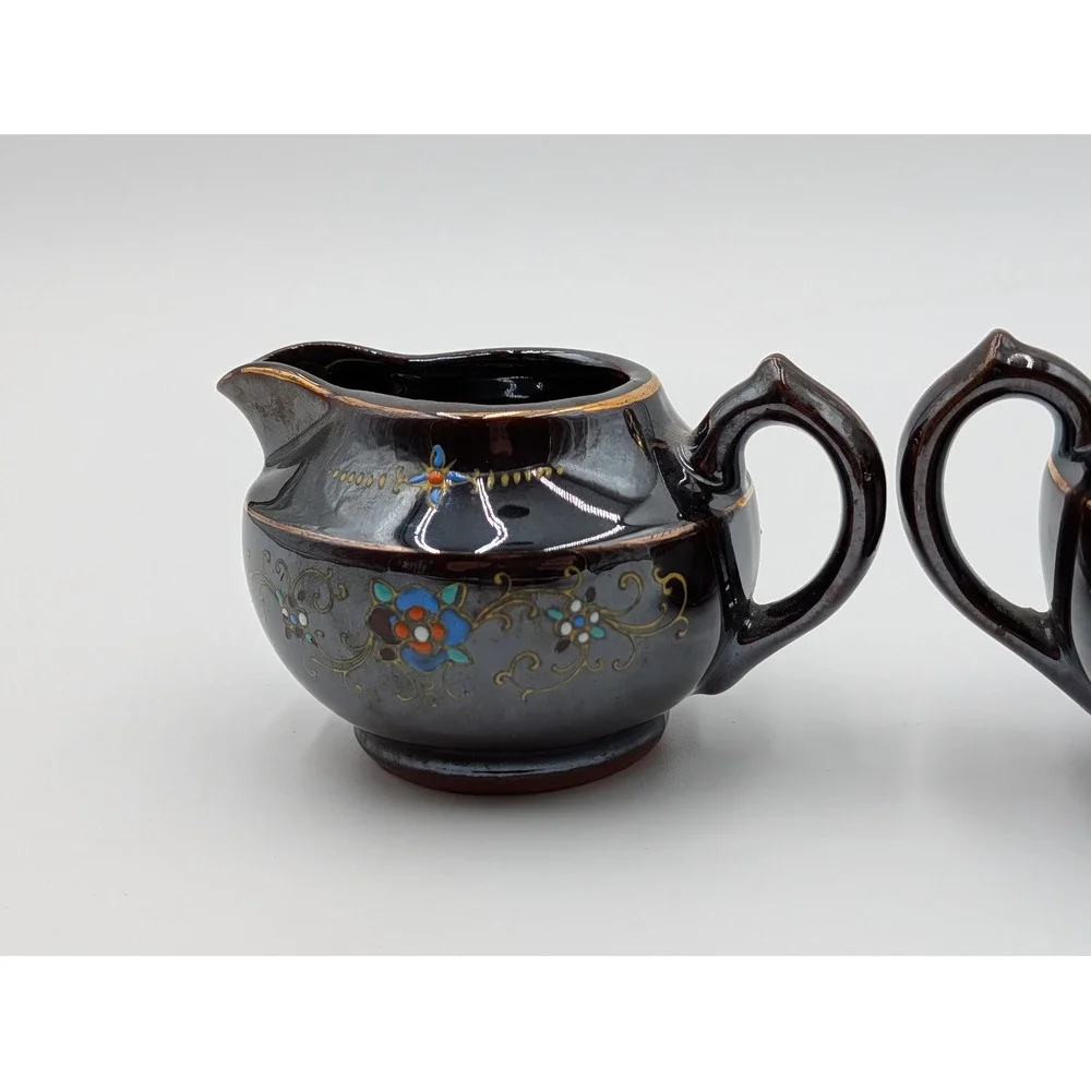 Vintage Japan Ceramic Creamer Pitcher‎ and Sugar Bowl with Lid Floral Accents